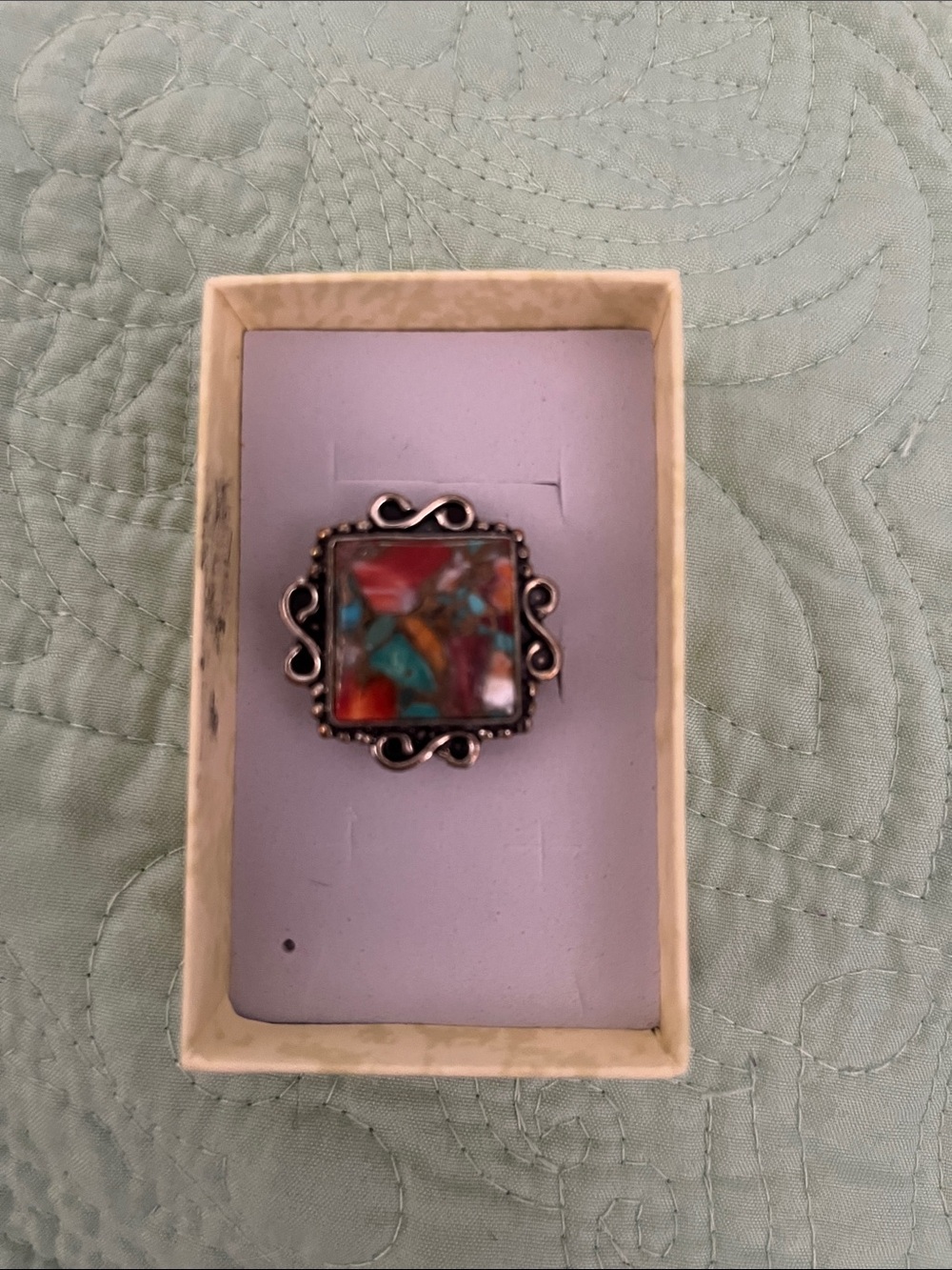 Sterling Style Multicolor Stone Square Ring - Women's Fashion Jewelry